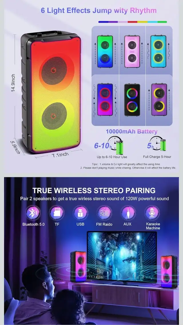 Bluetooth Speakers, 60W(80W Peak) Portable Loud Wireless Stereo in Speakers in Markham / York Region - Image 3