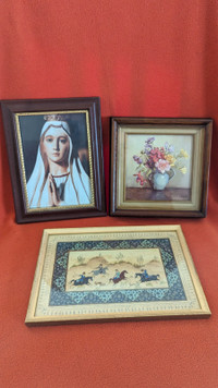 Framed pictures - praying lady, flowers and hunters