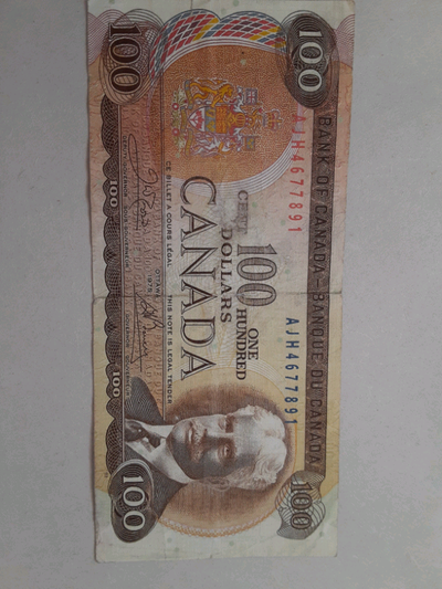 $100 Paper Bill Canada 1975, View more