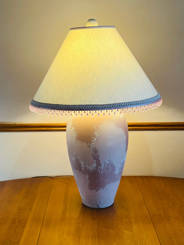 Large Pink Ceramic Lamp with Beaded Shade in Indoor Lighting & Fans in Belleville - Image 2