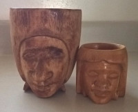 Vintage Native American Hand Carved Wooden Mugs with a Head/Face