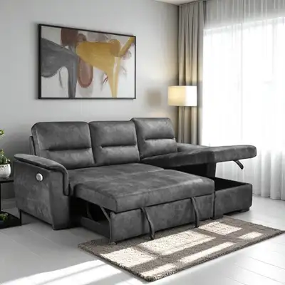 New Sleek Grey Sectional Sofa Bed In Soft Fabric Upholstery Sale, View more