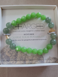 New CHARGED AVENTURINE & GOLD ELASTIC BRACELET in Box