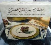 Gold Charger Plates, Matching Napkin Rings & Serving Tray