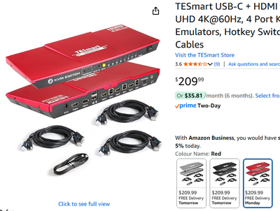 NEW KVM Switch 4 Computers 1 Monitor 4K@60Hz HDMI + USB-C  RED, View more