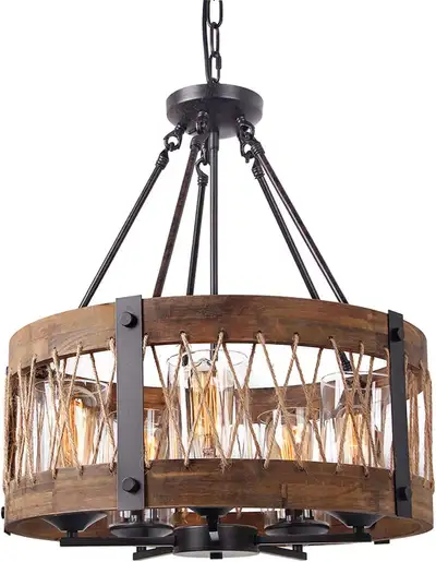 Round Wooden Chandelier with Clear Glass Shade Rope and Metal Pe, View more