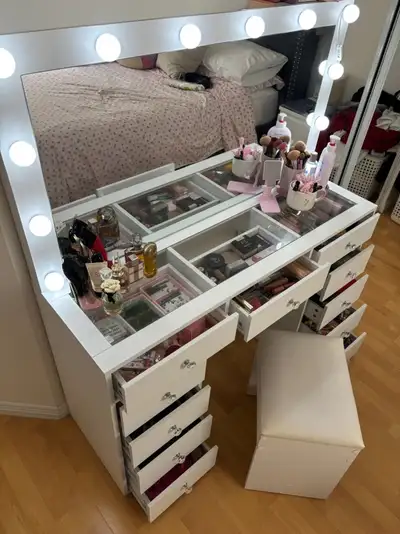 Vanity Desk with Power Outlet, Makeup Vanity with Lighted Mirror, View more