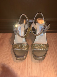 JIMMY CHOO Gold Glitter Disco wedge sandal heel