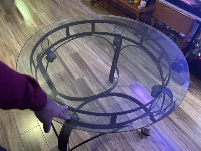 Glass top table heavy duty metal looking new, View more