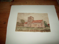 Antique original English watercolor church in landscape
