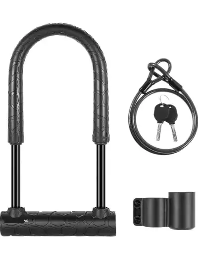 Strong U-lock security lock with additional cable for extra protection. Suitable for bicycles, e-bik...