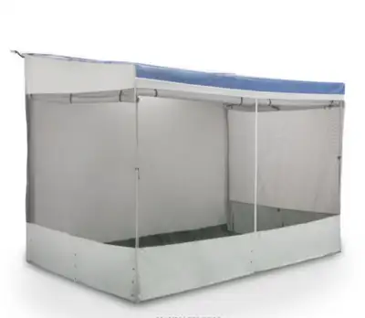9ft x 6ft 8” approx slide into RV awning roller. Screen in room with Front centre zipper for opening...