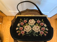 Vtg Embossed Needlepoint Hand Bag with a Leather Carry Handle