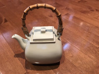 Pottery Barn Japanese Off-White Ceramic Teapot w/ Bamboo Handle