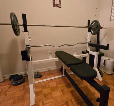 - olympic size Weight bench and 1" bench press bar 7ft length. -Workout bench with adjustable seat....