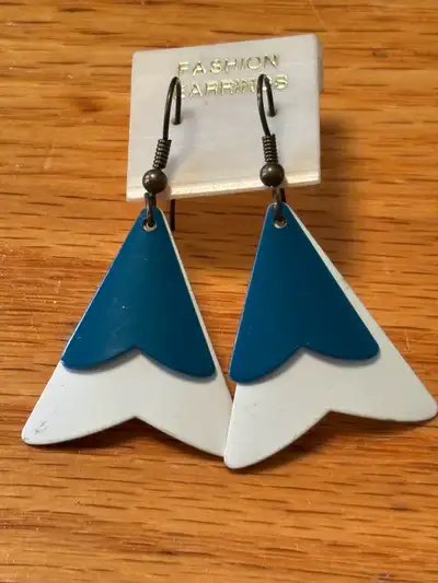 Vintage Retro 80s Teal Blue White Dangle Drop Earrings, View more