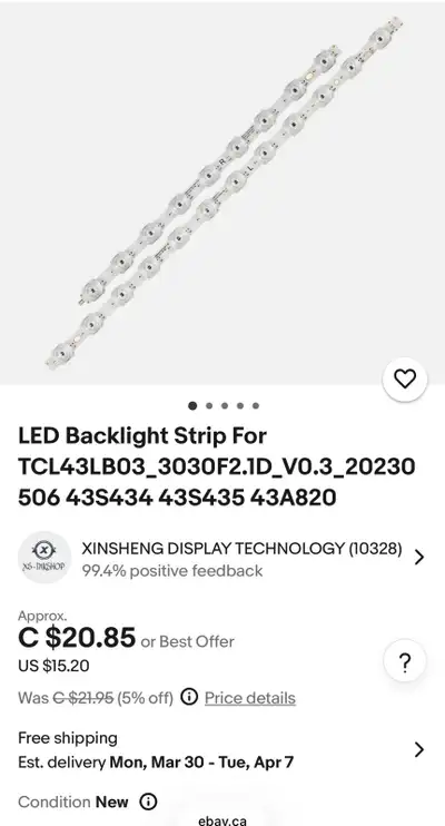 Selling LED backlight strip (21 lights) for TCL models: 43LB03_3030F2.1D_V0.3_20230506 43S434, 43S43...