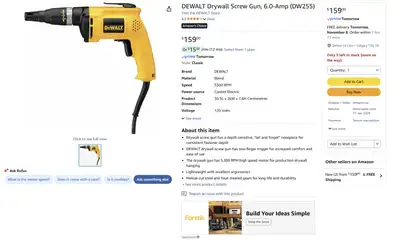 DEWALT DW255 6AMP 5300 RPM HIGH SPEED VSR DRYWALL SCREWGUN DRILL, View more