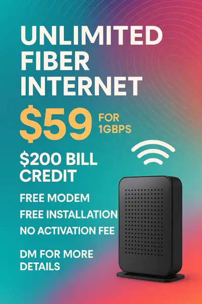Unlimited Fiber Internet for just $59/month Blazing fast 1Gbps speed – perfect for streaming, gaming...