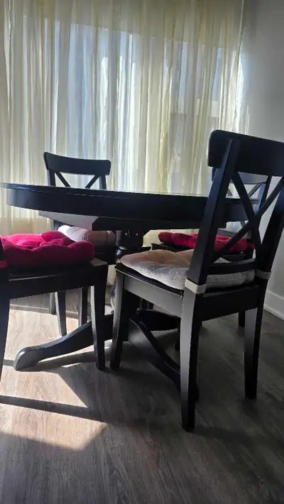 Black Round Extendable Dining Table + 4 Chairs (IKEA: ROSENTORP), View more