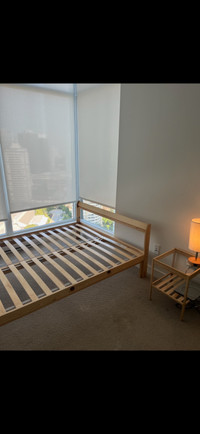 Double sized bed frame with slats and nightstand for sale