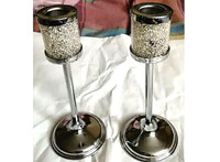 A Pair Metal Candle Stick Silver Colour, 7 1/2" tall, excellent