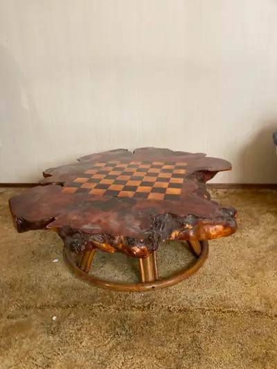 Vintage burl wood chess table, View more