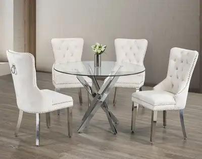 Round Glass Dining Table with 4 Crème Velvet Chairs .., View more