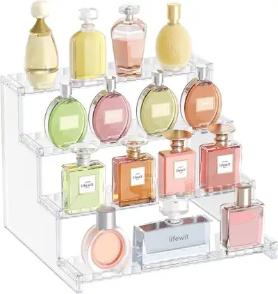 Lifewit 4 Tier Clear Display Risers Stand with Decorative Fences, Plastic Perfume Organizer, Display...