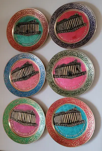 Vintage Very Rare Baalbek Bacchus Lebanon Souvenir Enameled 4" Brass Plates. Set of 6 Please see att...