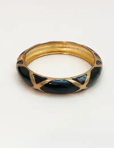 Vintage Gold Tone/Black Enamel Spring Hinge Bangle Bracelet, View more