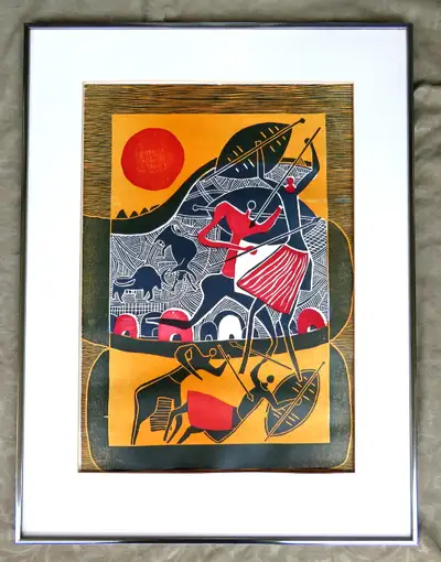 LUCKY SIBIYA B 1942 SOUTH AFRICA DEATH OF MABATHA COLOR WOODCUT, View more