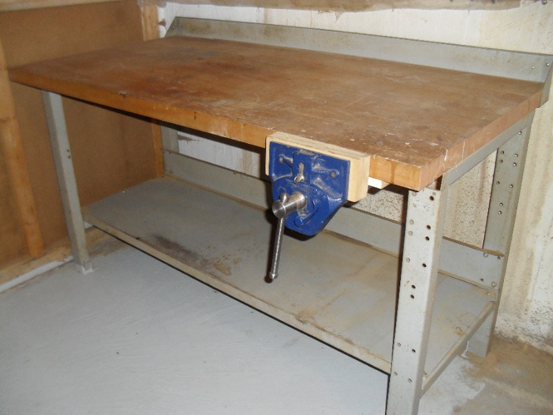 Butcher Block and Steel Frame Work Bench with a Vise Tool Storage