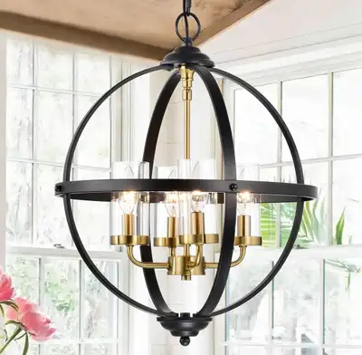 Rustic Chandelier, 17" Black and Gold Finish Glass Cover, View more