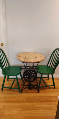 Antique sewing table-turned bistro table with chairs
