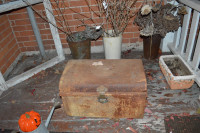 vintage metal box & 3 old sap buckets
