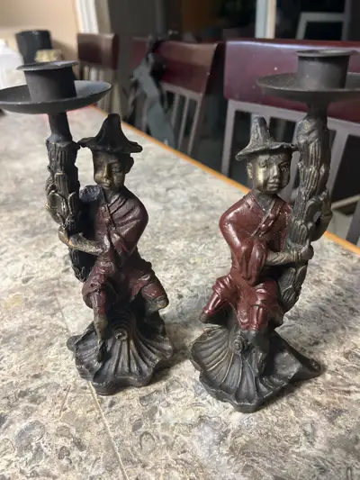 Vintage Asian Chinoiserie cast iron figurine candle holders, View more