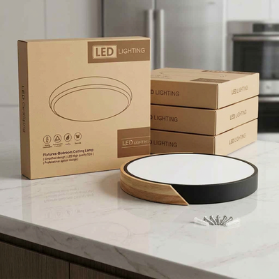 Modern LED Oak Flush Mount Ceiling Light – 16" Round – Dimmable, View more