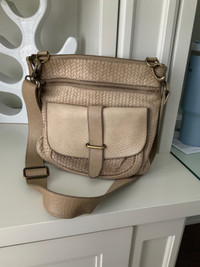 ROOTS Taupe Leather Woven Cross Body Purse Made In Canada 