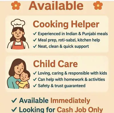 looking job in house cleaning ,nanny and cooking, View more