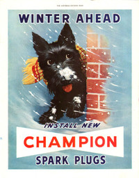 1950 full-page, large color print ad for Champion Spark Plugs