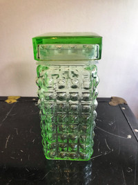 Green Glass Hobnail Canister Jar 7 3/4" Tall