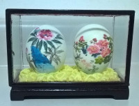 Vintage Chinese Hand-Painted Flowers on  Real Eggs in Wood/Glass