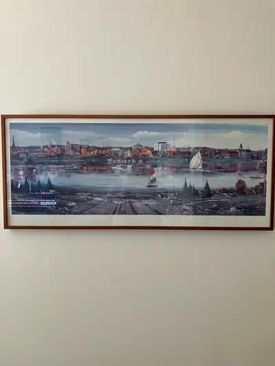 Print showing south side of Fredericton and represents the 150 anniversary. Metal frame is copper in...