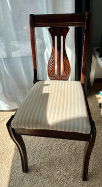 2 Vintage  dark wood dining chairs w taupe striped seating pads