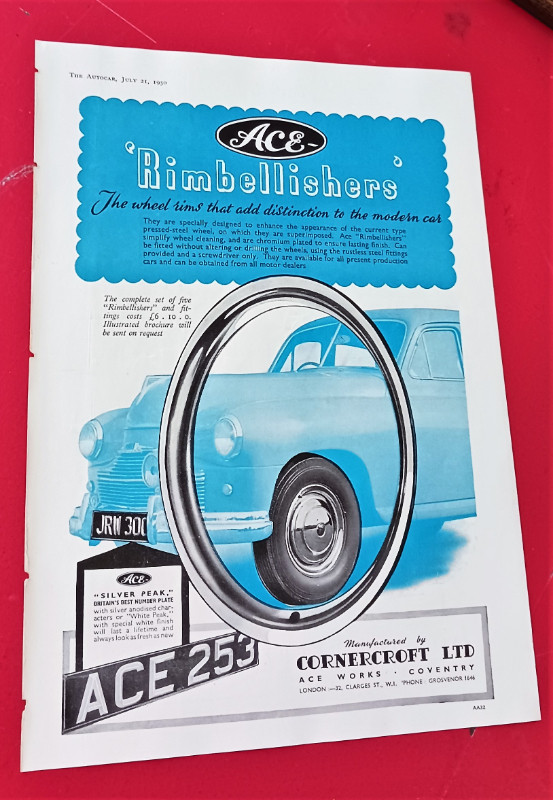 BRITISH 1951 ACE RIMBELLISHERS WHELL RIM RINGS AD - VINTAGE AUTO dans Art et objets de collection  à Ville de Montréal