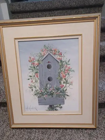 Nice farmhouse style oil painting on board. Artist is Mary Kendrick of Essex in southwestern Ontario...