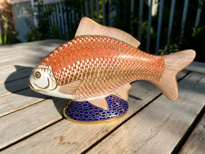 VINTAGE Crown Derby Imari porcelain hand enameled koi fish with 22k gold ⭐️This wonderful "Koi" fish...