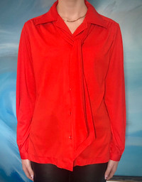 Vintage Red Long Sleeve Shirt Button Up Blouse Top Clothing 