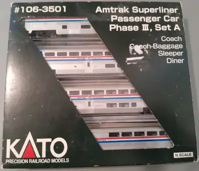 Kato N Scale Amtrak Superliner Set A – Phase III – 4‑Car Set, View more